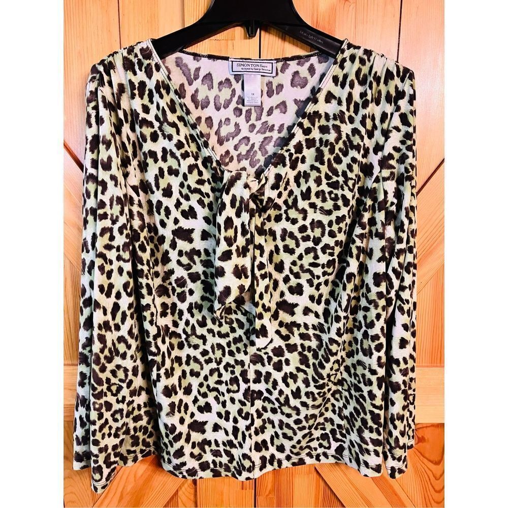 Simonton Says By George Simonton Green Leopard Print Top 1X (2848)